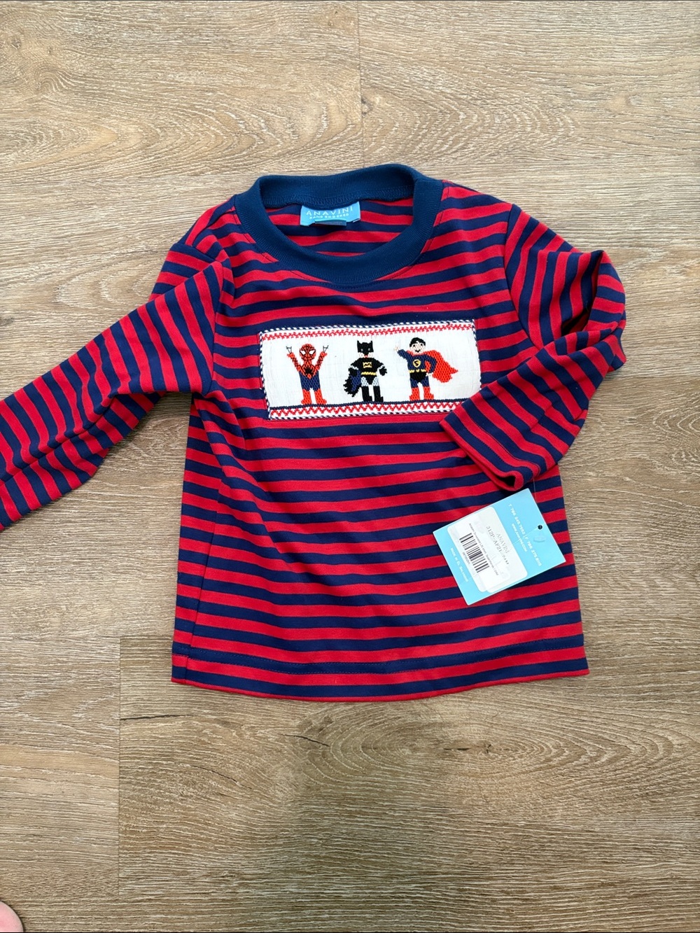 Kids Red & Navy Striped Long-Sleeve Tee with Superhero Smocking